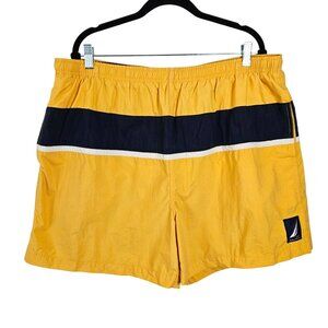Nautica Mens Yellow Swim Trunks XXL W/ Mesh Lining & Navy Stripe Drawstring